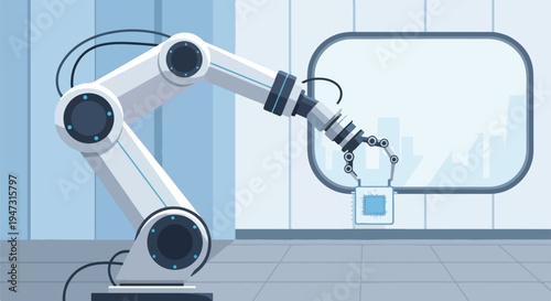 Advanced industrial robotic arm interacting with a futuristic digital screen, representing smart automation, AI, and modern manufacturing processes.
