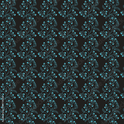 Elegant floral pattern in turquoise on a deep black background for stylish decor.