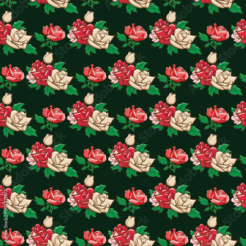 Elegant floral pattern featuring red and cream roses on a dark green background.