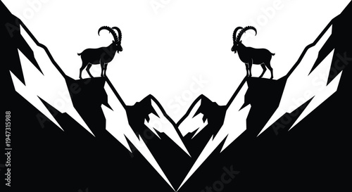 Mountain ibex silhouette on rocky peak with alpine range landscape vector illustration for outdoor adventure climbing and wildlife nature conservation