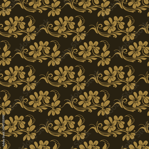 Elegant floral pattern with golden flowers on a dark background, perfect for textiles or wallpapers.