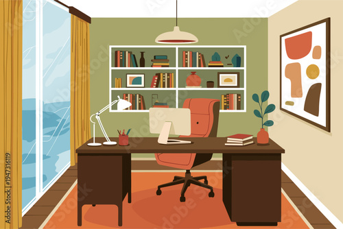 Cozy home office bathed in soft daylight. Bookshelves line walls, filled with colorful volumes. Modern desk holds monitor, lamp, and personal items. Comfortable chair invites focus or creativity