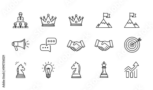 A set of business strategy icons in a minimal line art style