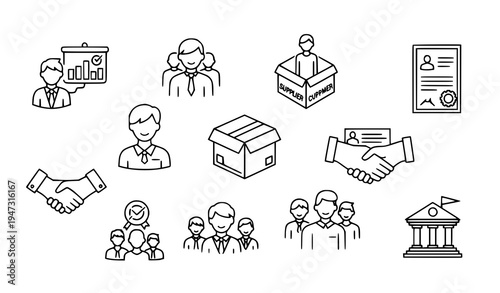 A set of minimalist line art icons depicting business and employment concepts