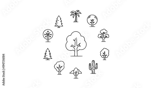 A minimalist vector graphic illustration of various tree silhouettes and icons