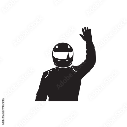 Racing Driver Waving In Black Helmet For Motorsport Concepts