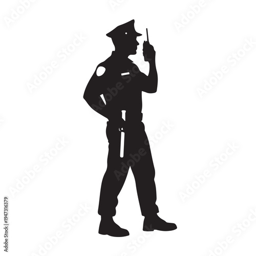 Police Officer Silhouette Talking On Radio In Uniform For Law Enforcement Concepts