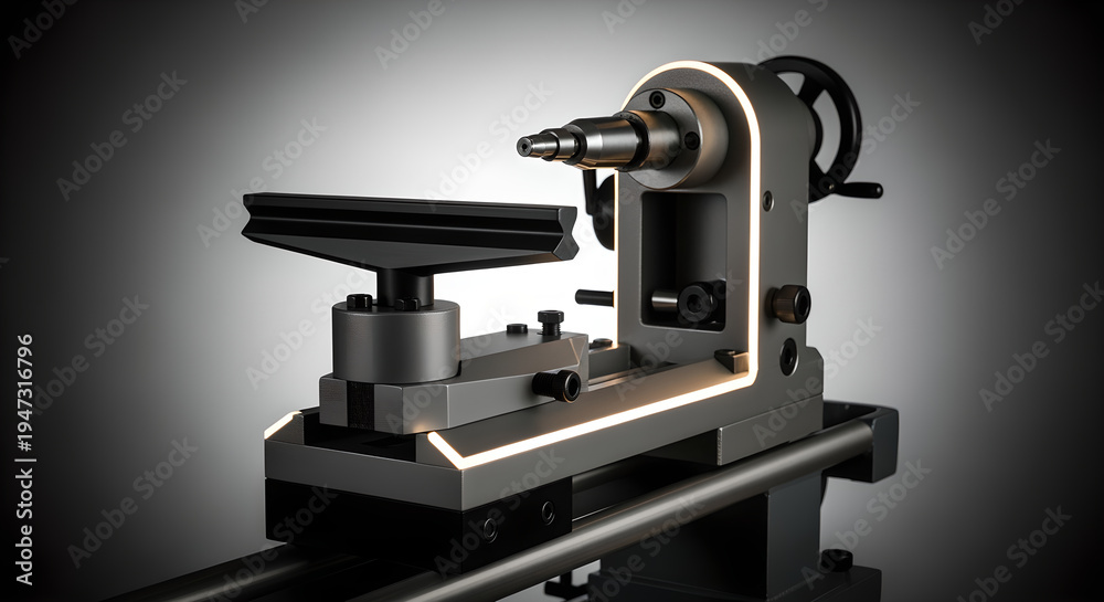 Fototapeta premium Showcasing a sleek black metal device with white outline, angled view on gradient backdrop featuring cylinder knob for product photography