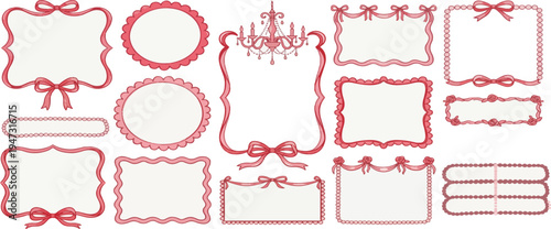 Cute wavy lace and pearl wedding frames. Vector hand drawn oval vintage border set. Coquettish retro elegant classic line decorations with bow and ribbon. Whimsical zigzag invitation frame set.