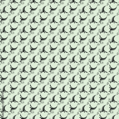 Elegant seamless pattern featuring whimsical fish with flowing tails on a soft mint background.