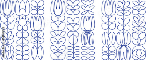 Blue outline floral and abstract shapes in vertical rows on white background vector illustration
