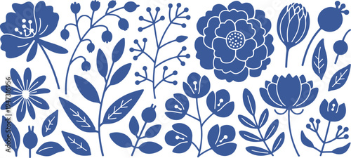 Collection of blue silhouette floral and botanical elements on a white background