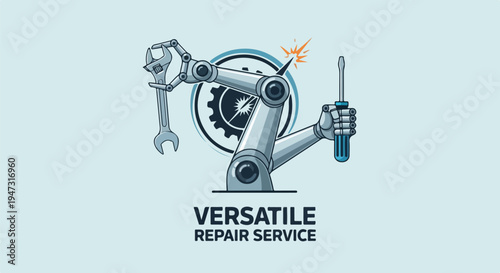 Robotic arm holding tools for versatile repair service logo design, symbolizing efficiency, technology, and precision in maintenance and engineering solutions.