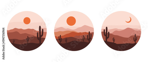 Desert landscape with saguaro cacti and mountains in circular frames cactus