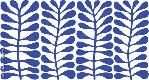 Seamless pattern of stylized blue leaves on a white background in a repeating vertical arrangement