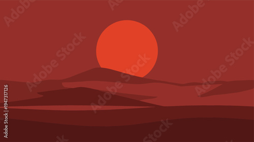 Stylized desert landscape at sunset with a large orange sun and rolling hills vector illustration