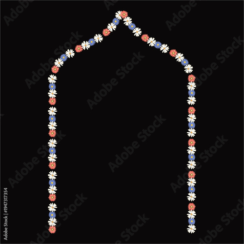A rosary with white red and blue beads on a black background