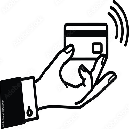 A hand holding a credit card with wireless signal