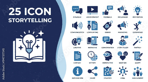 Modern flat storytelling icon set banner with 25 vector icons for communication creativity and presentation