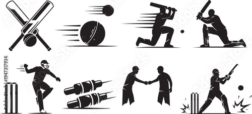cricket player action silhouette icon set vector illustration