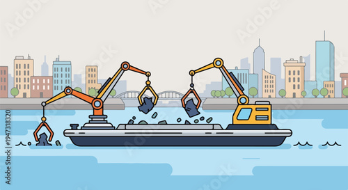 Two excavators on a barge dredging a river in front of a city skyline, construction and industry concept