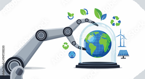 Robotic arm protecting planet Earth under glass dome with renewable energy symbols and leaves, concept of environmental technology