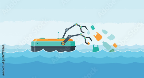 Robotic boat cleaning plastic waste from the ocean surface, environmental protection concept