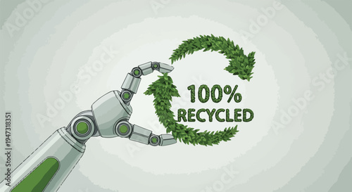 Robotic hand holding a 100% recycled symbol made of green leaves and arrows, representing sustainability and eco-friendly technology
