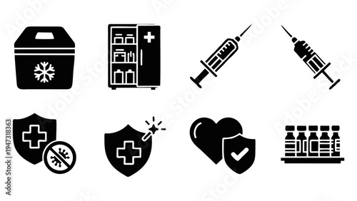 Vaccination and Healthcare Protection Black Icon Set