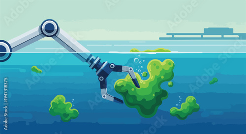 Robotic arm collecting algae from the ocean for biofuel or environmental cleanup