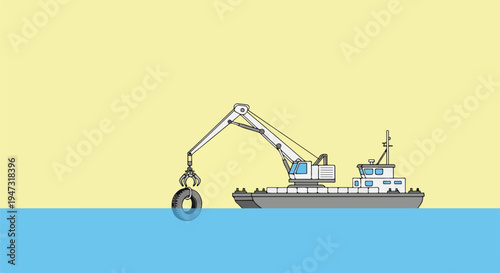 Crane barge lifts tire from water, environmental cleanup, industrial marine operations, recycling concept