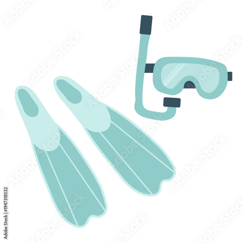 Snorkeling equipment. Snorkeling equipment set with flippers and diving mask. Summer water sport illustration in flat style, ideal for beach, vacation and marine themed designs.