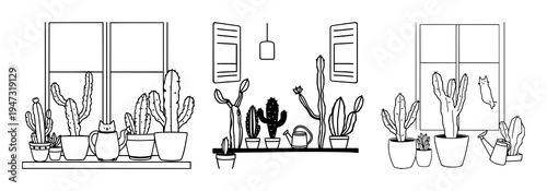 Cactus set with continuous one line drawing of a cute cactus, cat, and watering can on a window sill featuring black and white, line art, illustration with plants and home decor