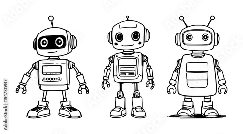 Friendly domestic robot set with whimsical 2026 lifestyle theme featuring thick marker lines, digital art style with white background and futuristic technology