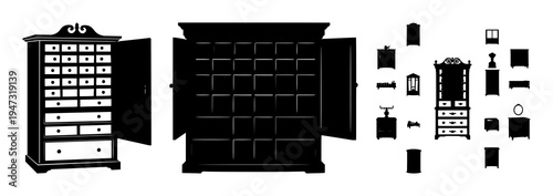 Victorian apothecary cabinet set with solid black silhouette against white background featuring ornate drawers, wooden paneling, detailed handles with iconography and classic aesthetic