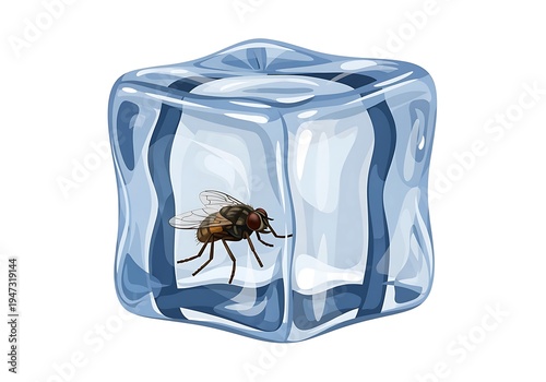 A fly trapped inside a clear ice cube frozen in time one summer day suddenly