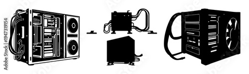 Crypto mining rig set with solid black silhouette on white background high contrast featuring crypto, mining, digital finance with infrastructure and technology