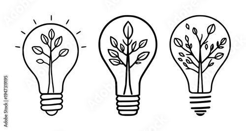Tree-lightbulb set with minimalist pictogram inside a bright green idea symbol featuring bold lines, simple illustration, green color with white background and corporate icon