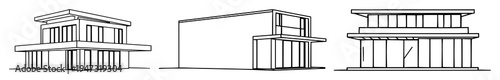 Modern flat roof building set with continuous line art drawing style featuring minimalist black line, isolated sketch, vector illustration with roof and structure