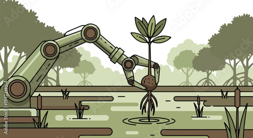 Robotic arm planting a seedling in a wetland ecosystem, symbolizing environmental restoration and technology