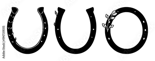 Horseshoe set with minimalist line art featuring leafy sprigs, small dots, black outlines with white background and monochrome palette