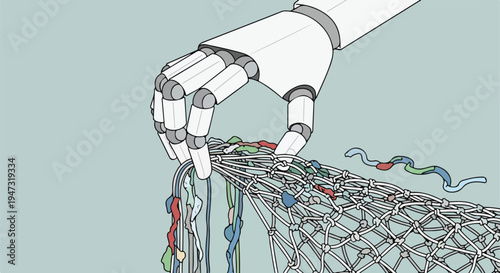 Robotic hand interacting with a complex digital network, extracting colorful data strands, symbolizing AI processing and information management.