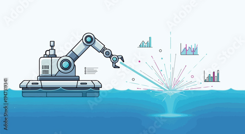 Industrial robotic arm extracting and visualizing big data, symbolizing advanced AI, automation, and machine learning for efficient information processing and analysis.