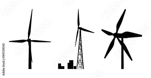 Vertical axis wind turbine set with a solid black silhouette featuring renewable energy, urban power generation, sustainable technology with modern design and geometric shape