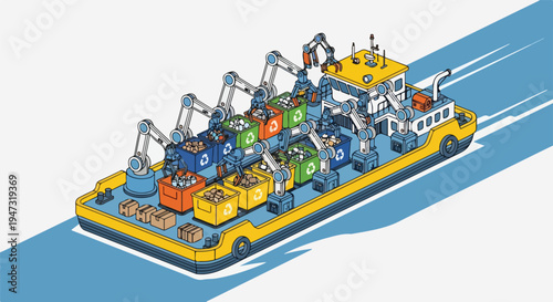 Isometric illustration of a recycling barge with robotic arms sorting waste into color-coded bins, symbolizing modern waste management and environmental sustainability.