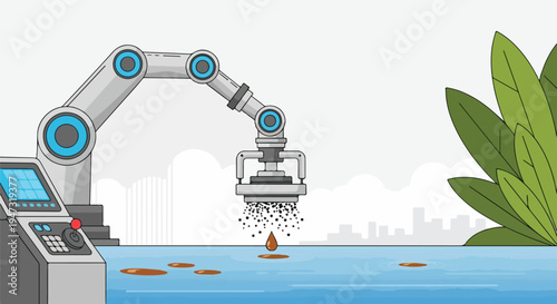 Industrial robotic arm dropping waste particles into a polluted body of water, symbolizing environmental damage and the impact of technology on nature.