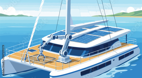 Futuristic solar-powered catamaran sailboat with an advanced robotic arm on deck, showcasing sustainable marine technology and innovation.