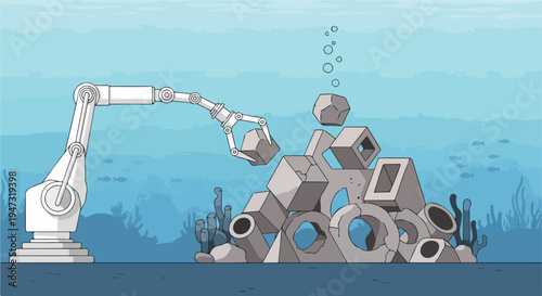 Futuristic robotic arm underwater meticulously assembling an artificial reef, symbolizing ocean restoration and innovative marine science.
