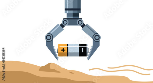 Automated robotic arm retrieves a discarded battery from a sandy landscape, illustrating electronic waste recycling, sustainable energy, and environmental technology.