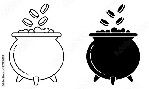 Outline and Solid Pot of Gold Icon with Falling Coins Vector Illustration for Wealth and Luck